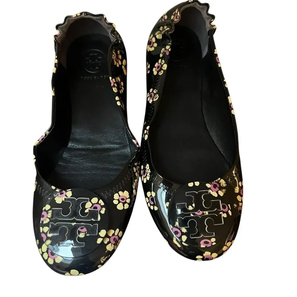 Tory Burch Minnie Travel Ballet Flats Black Patent Floral Print US 6.5